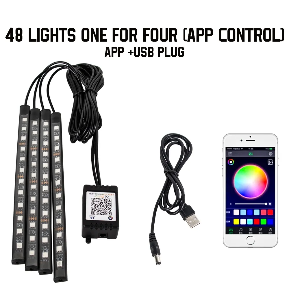 Lampe d'ambiance LED RGB pour voiture avec télécommande, contrôle par application et synchronisation musicale, 48 et 72 LED, alimentation USB sans fil 20