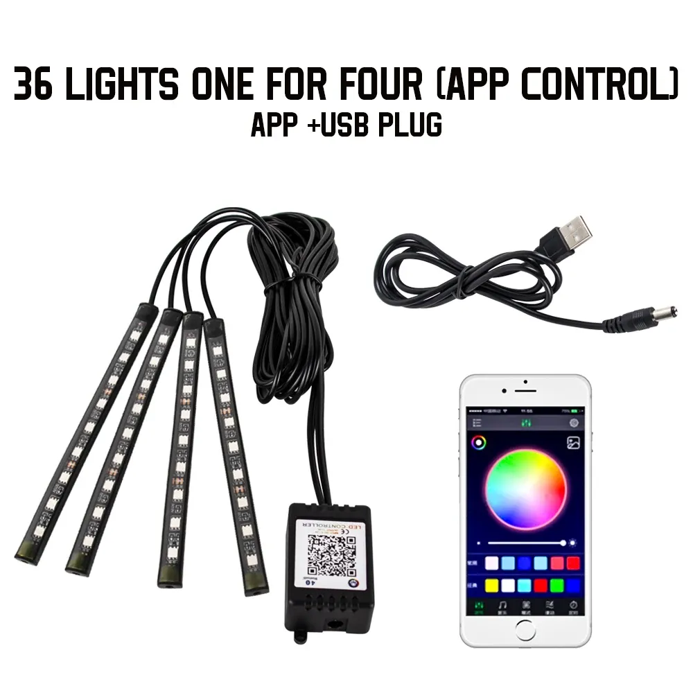 Lampe d'ambiance LED RGB pour voiture avec télécommande, contrôle par application et synchronisation musicale, 48 et 72 LED, alimentation USB sans fil 23