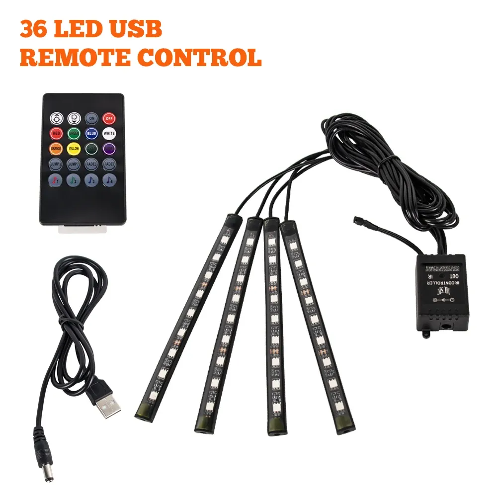 Lampe d'ambiance LED RGB pour voiture avec télécommande, contrôle par application et synchronisation musicale, 48 et 72 LED, alimentation USB sans fil 8