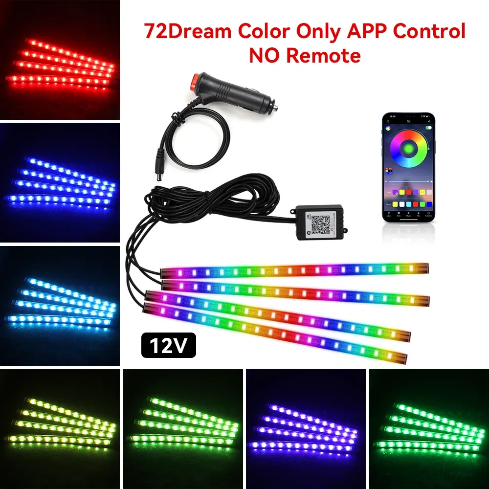 Lampe d'ambiance LED RGB pour voiture avec télécommande, contrôle par application et synchronisation musicale, 48 et 72 LED, alimentation USB sans fil 10