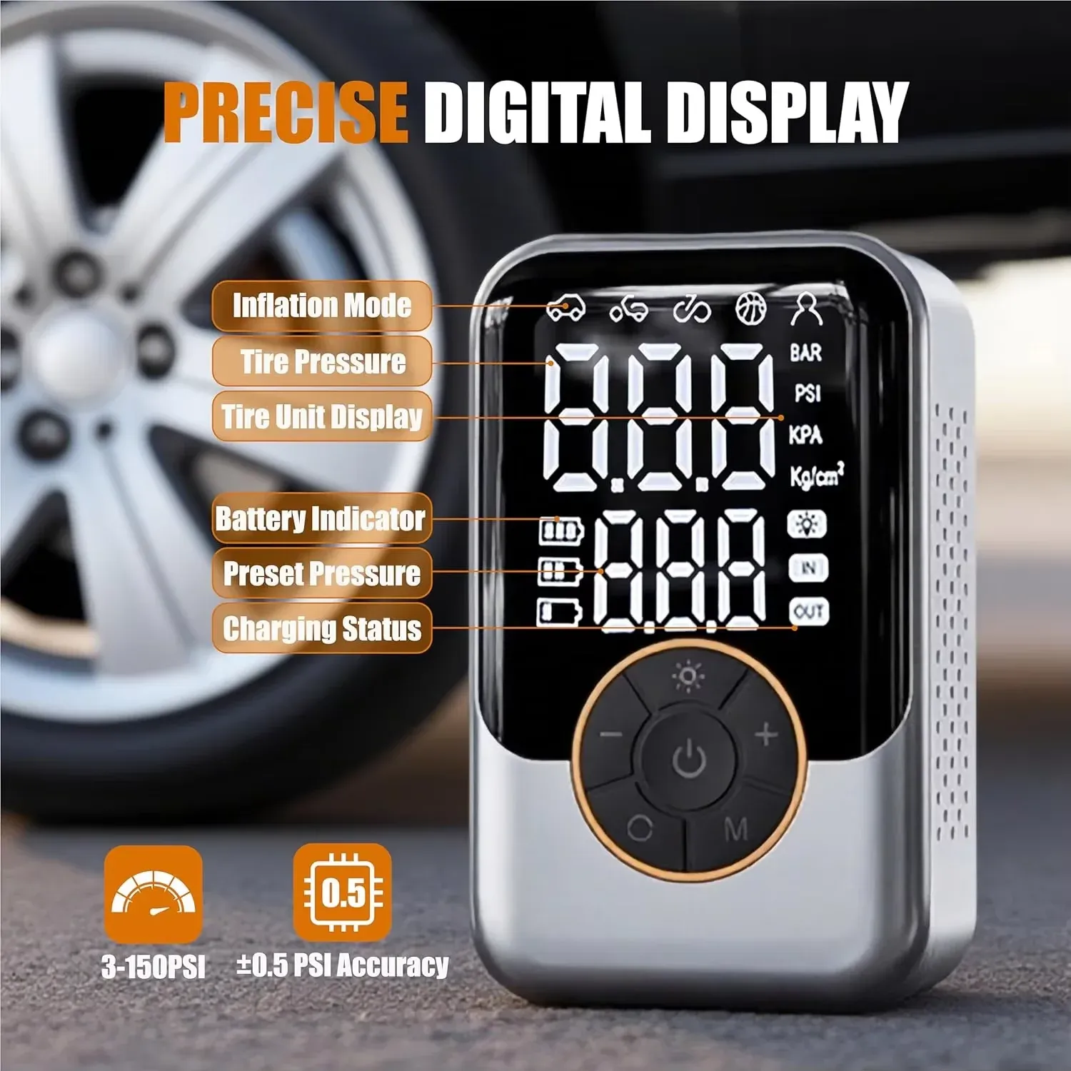 Gonfleur électrique sans fil portable avec écran LCD pour voiture, vélo, moto et ballons 3