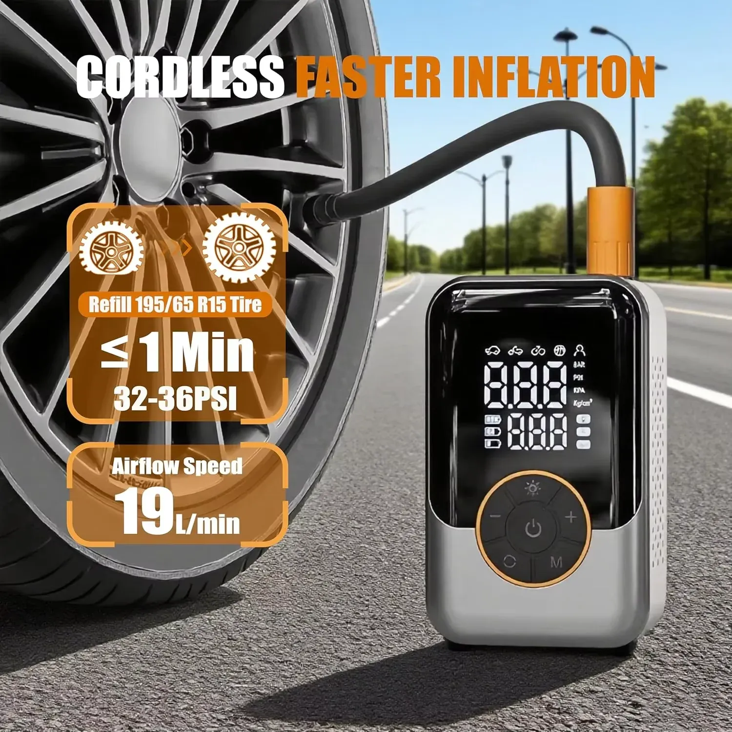Gonfleur électrique sans fil portable avec écran LCD pour voiture, vélo, moto et ballons 2