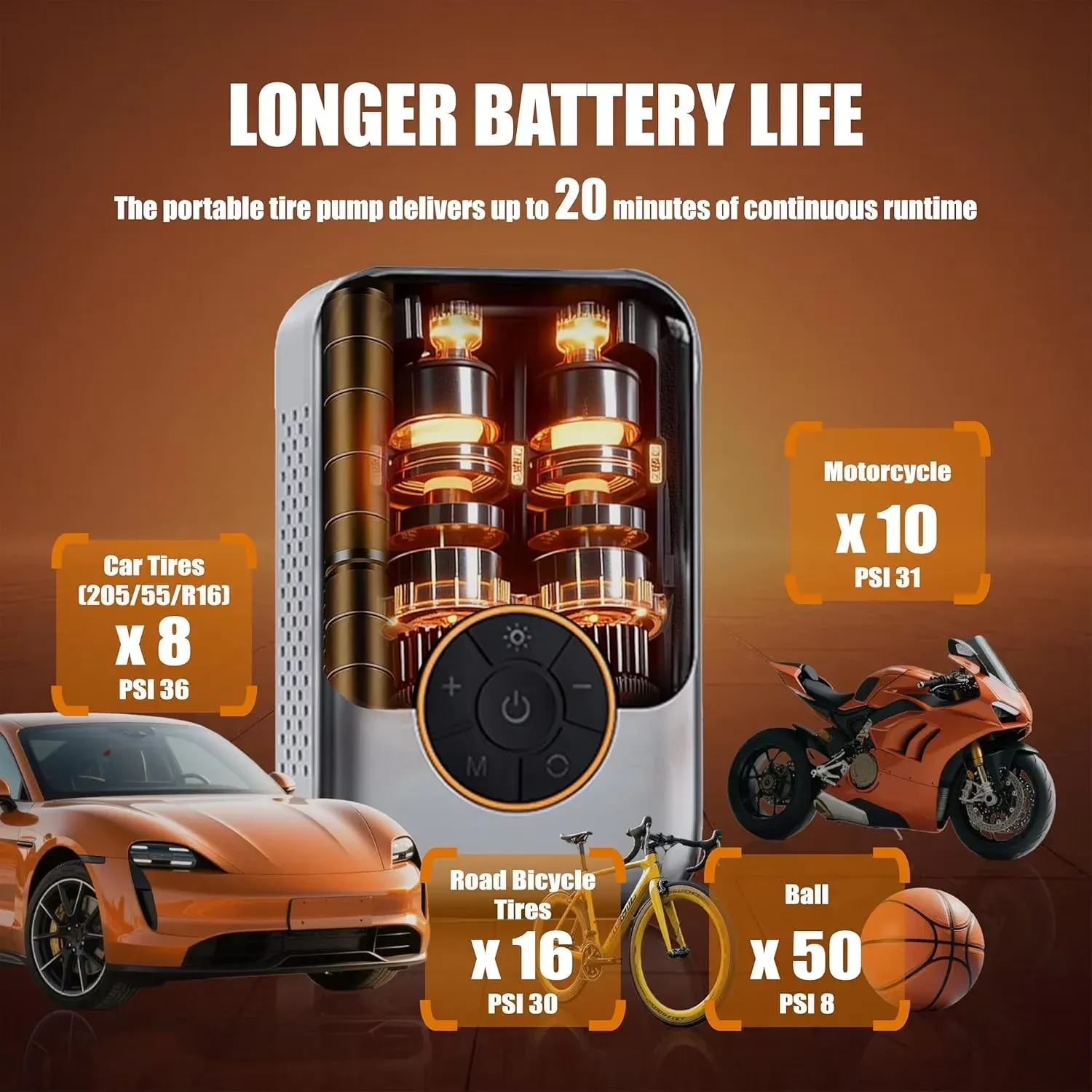 Gonfleur électrique sans fil portable avec écran LCD pour voiture, vélo, moto et ballons 5
