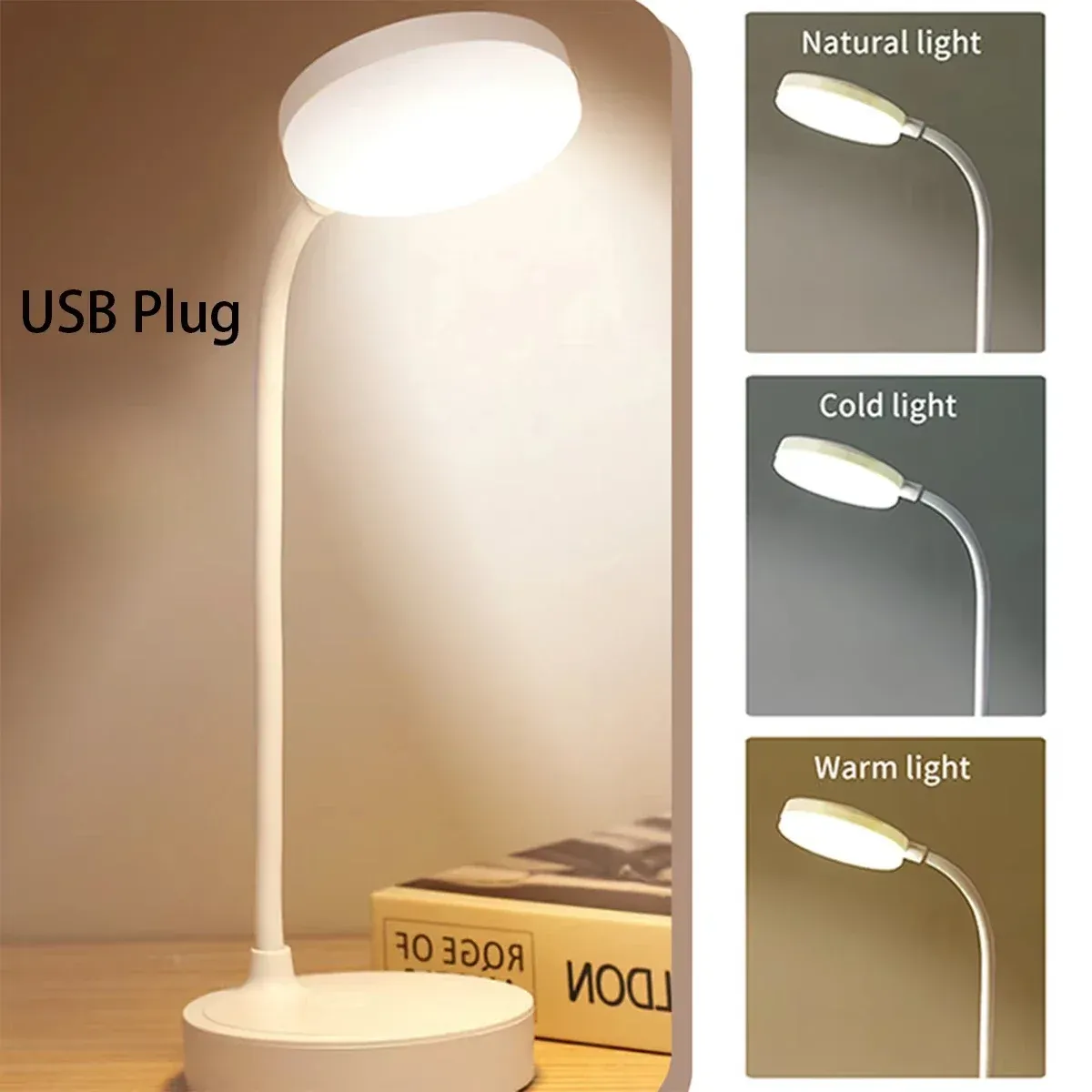 Lampe de bureau LED flexible à variateur 3 niveaux, alimentation USB, lumière blanche chaude 8