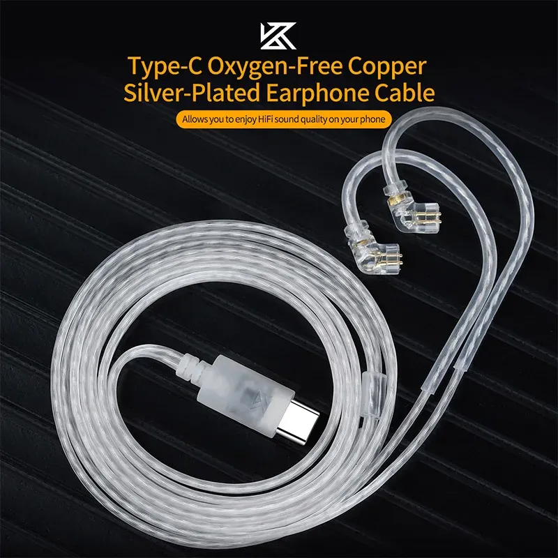 Câble de mise à niveau pour écouteurs KZ en OFC plaqué argent, connecteur USB-C, fiche 2 broches, microphone en option - Image 1