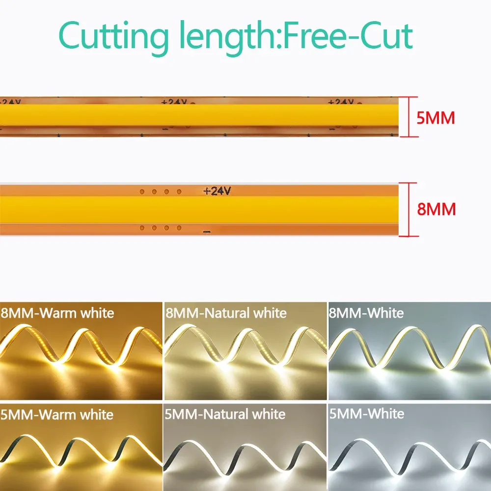 Bande lumineuse LED COB PCB 5 mm / 8 mm, 12 V / 24 V, coupe libre, 400 LED/m, haute densité, fil 2 broches, décoration d'intérieur, blanc chaud naturel 2