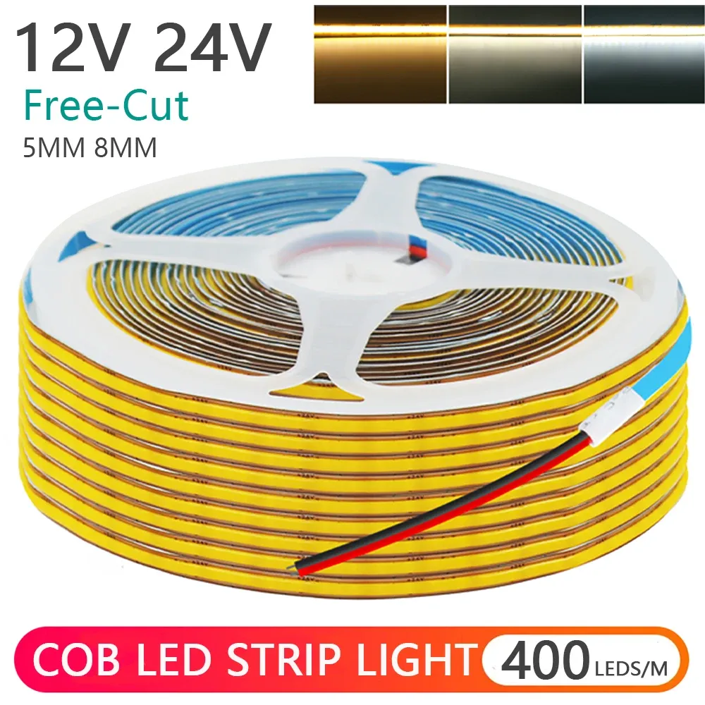Bande lumineuse LED COB PCB 5 mm / 8 mm, 12 V / 24 V, coupe libre, 400 LED/m, haute densité, fil 2 broches, décoration d'intérieur, blanc chaud naturel