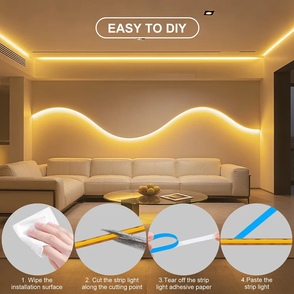 Bande lumineuse LED COB PCB 5 mm / 8 mm, 12 V / 24 V, coupe libre, 400 LED/m, haute densité, fil 2 broches, décoration d'intérieur, blanc chaud naturel 5