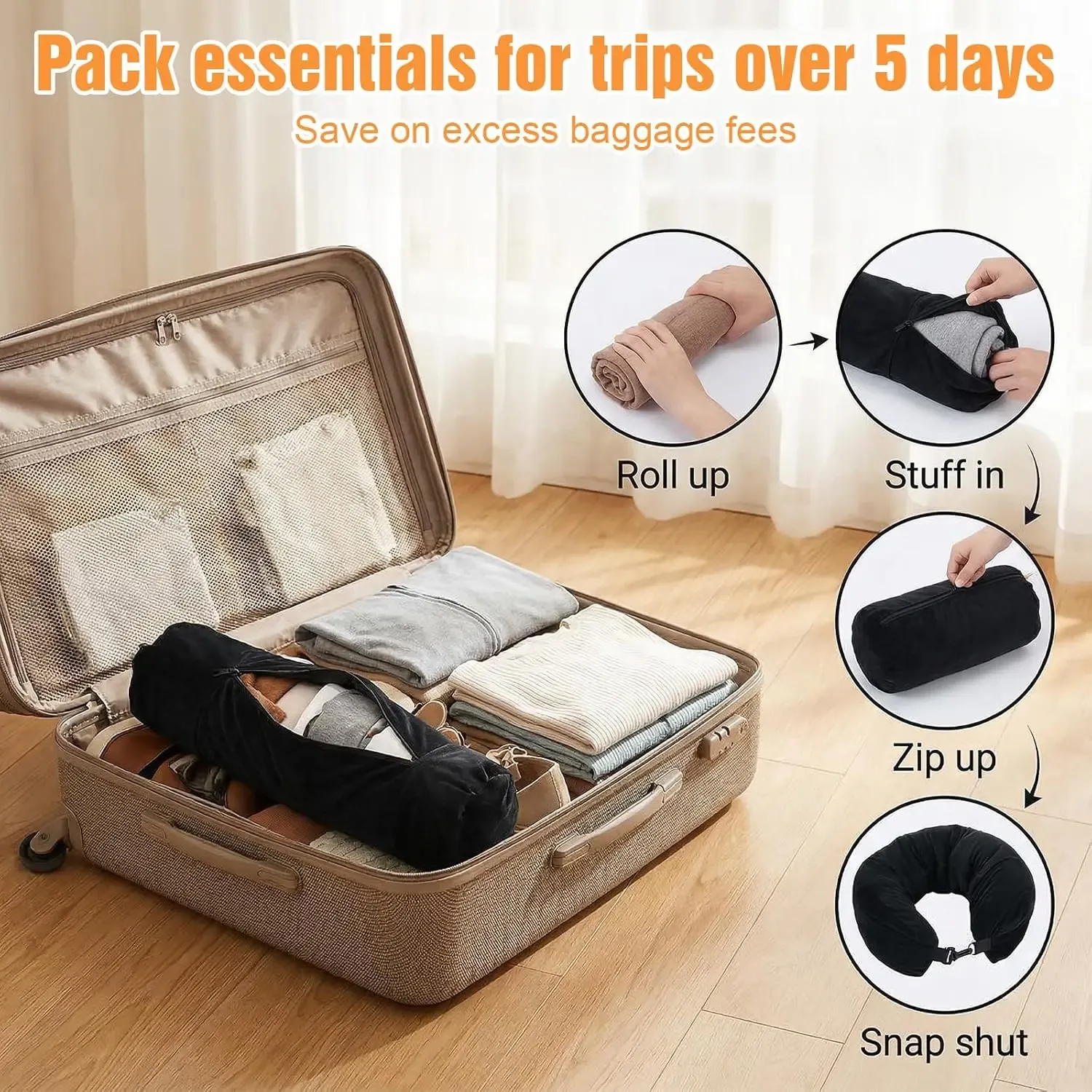 Oreiller de voyage rembourré en tissu Lycra, portable, avec compartiment de rangement pour vêtements et taies d'oreiller 3