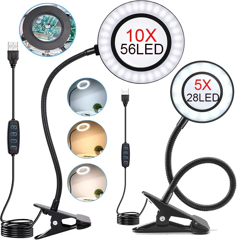 Loupe grossissante 5X/10X avec éclairage LED à 3 couleurs et 10 niveaux de luminosité, 28/56 LED, pour la lecture, l'artisanat, la peinture et les travaux de précision