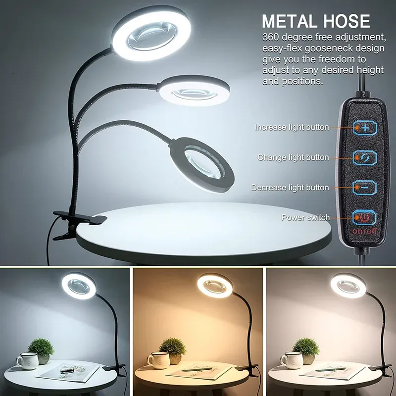 Loupe grossissante 5X/10X avec éclairage LED à 3 couleurs et 10 niveaux de luminosité, 28/56 LED, pour la lecture, l'artisanat, la peinture et les travaux de précision 2