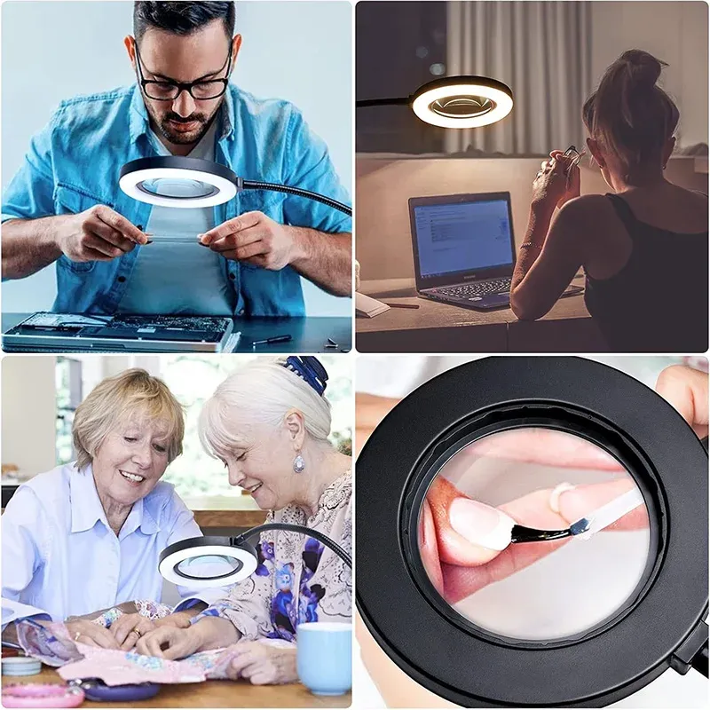 Loupe grossissante 5X/10X avec éclairage LED à 3 couleurs et 10 niveaux de luminosité, 28/56 LED, pour la lecture, l'artisanat, la peinture et les travaux de précision 4
