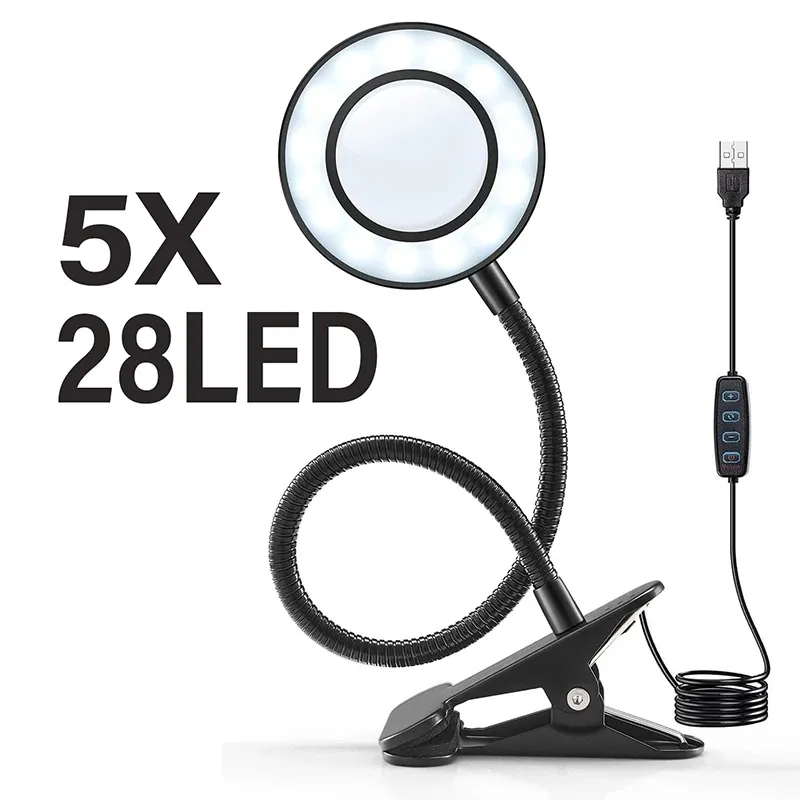 Loupe grossissante 5X/10X avec éclairage LED à 3 couleurs et 10 niveaux de luminosité, 28/56 LED, pour la lecture, l'artisanat, la peinture et les travaux de précision 7