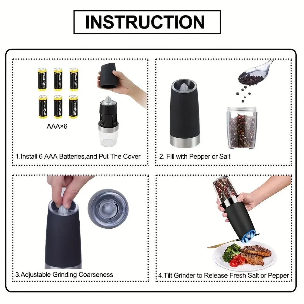 Moulin à poivre et sel électrique rechargeable à une main, réglage de la finesse, éclairage LED (piles non incluses) 6