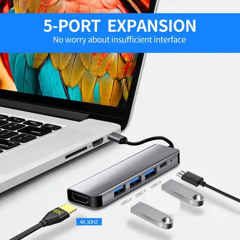 Hub USB-C 6/5/4/3 ports vers HDMI 4K, compatible USB 3.0/2.0, HUB 4K 30 Hz PD, station d'accueil à charge rapide pour MacBook, iPad et Samsung 2