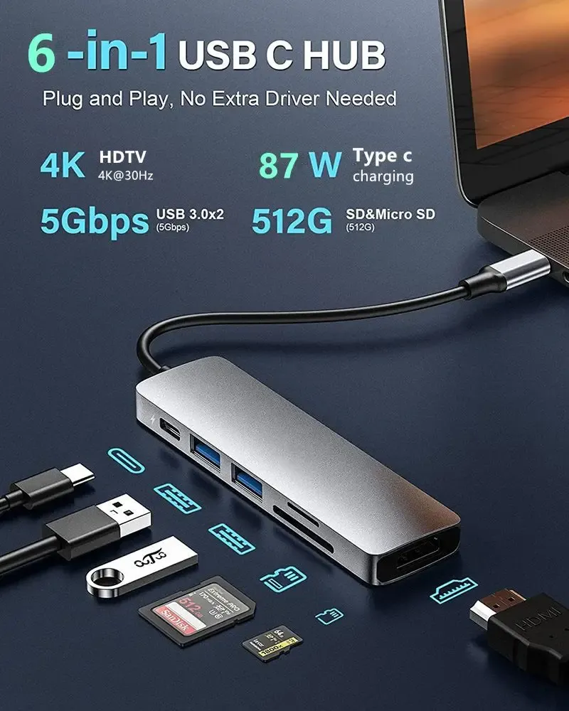 Hub USB-C 6/5/4/3 ports vers HDMI 4K, compatible USB 3.0/2.0, HUB 4K 30 Hz PD, station d'accueil à charge rapide pour MacBook, iPad et Samsung 6