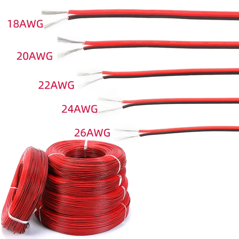 Fil électrique bipolaire en cuivre étamé, 18/20/22/24/26 AWG, câble d'extension isolé en PVC pour bandes LED, rouge et noir - Image 1