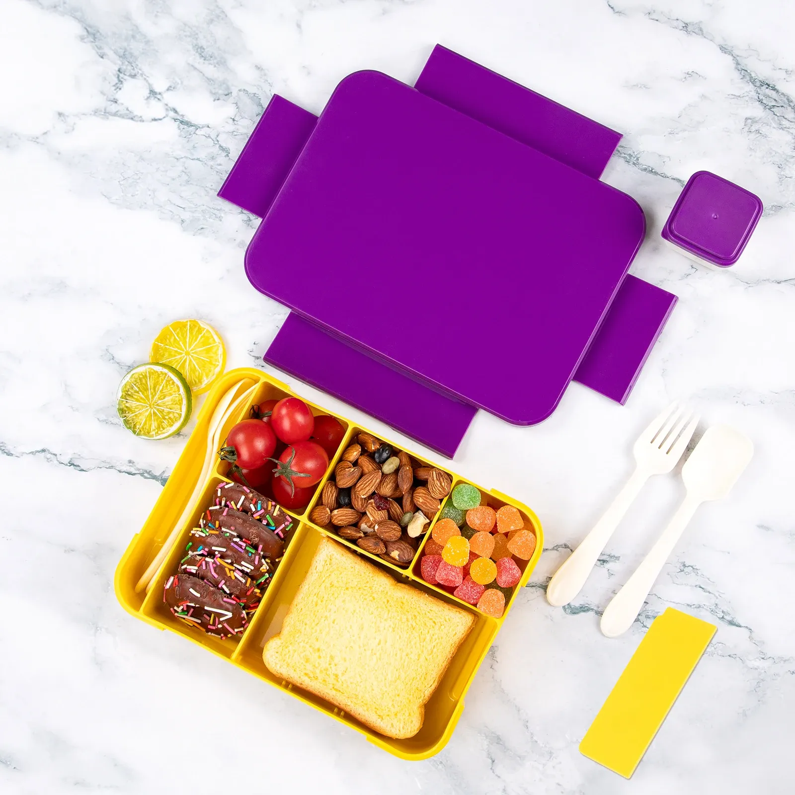 Boîte à déjeuner Bento à 4 compartiments pour enfants et adultes, idéale pour l'école ou la garderie 5