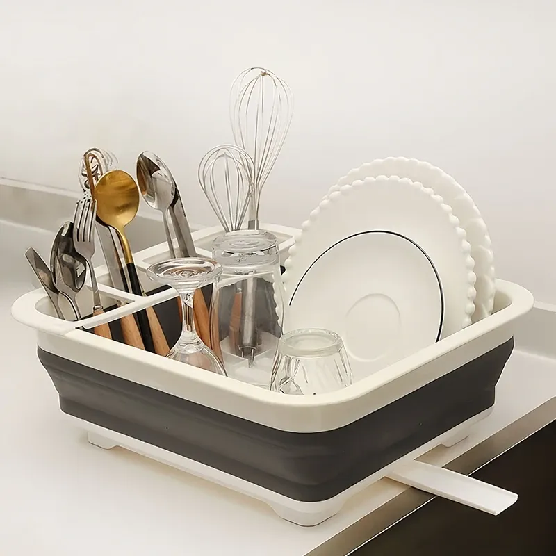 Égouttoir à vaisselle pliable et portable avec rangement pour couverts, idéal pour cuisine, camping-car et caravane - Image 1