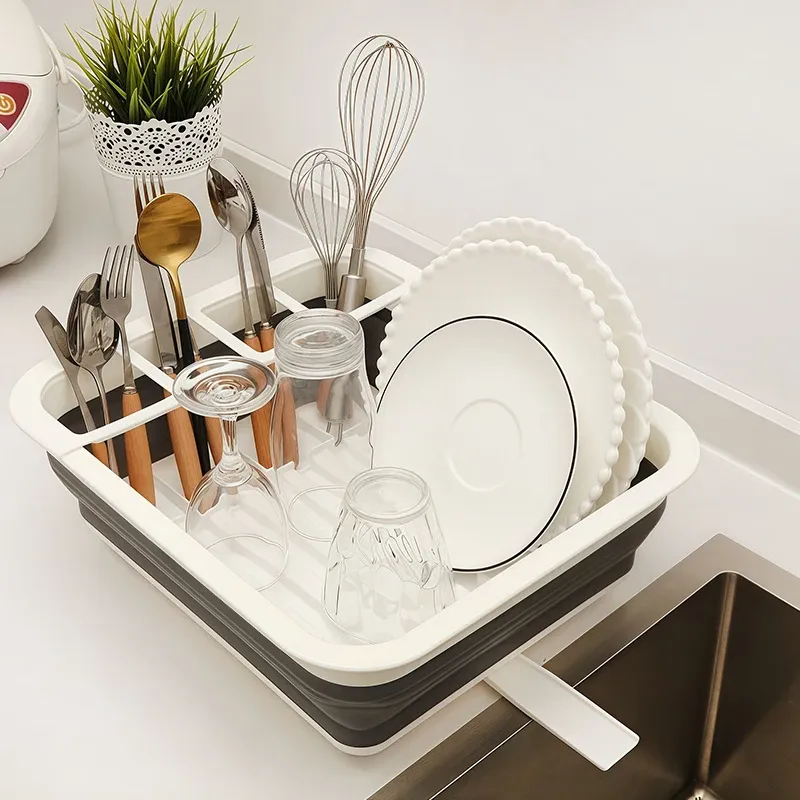 Égouttoir à vaisselle pliable et portable avec rangement pour couverts, idéal pour cuisine, camping-car et caravane 3