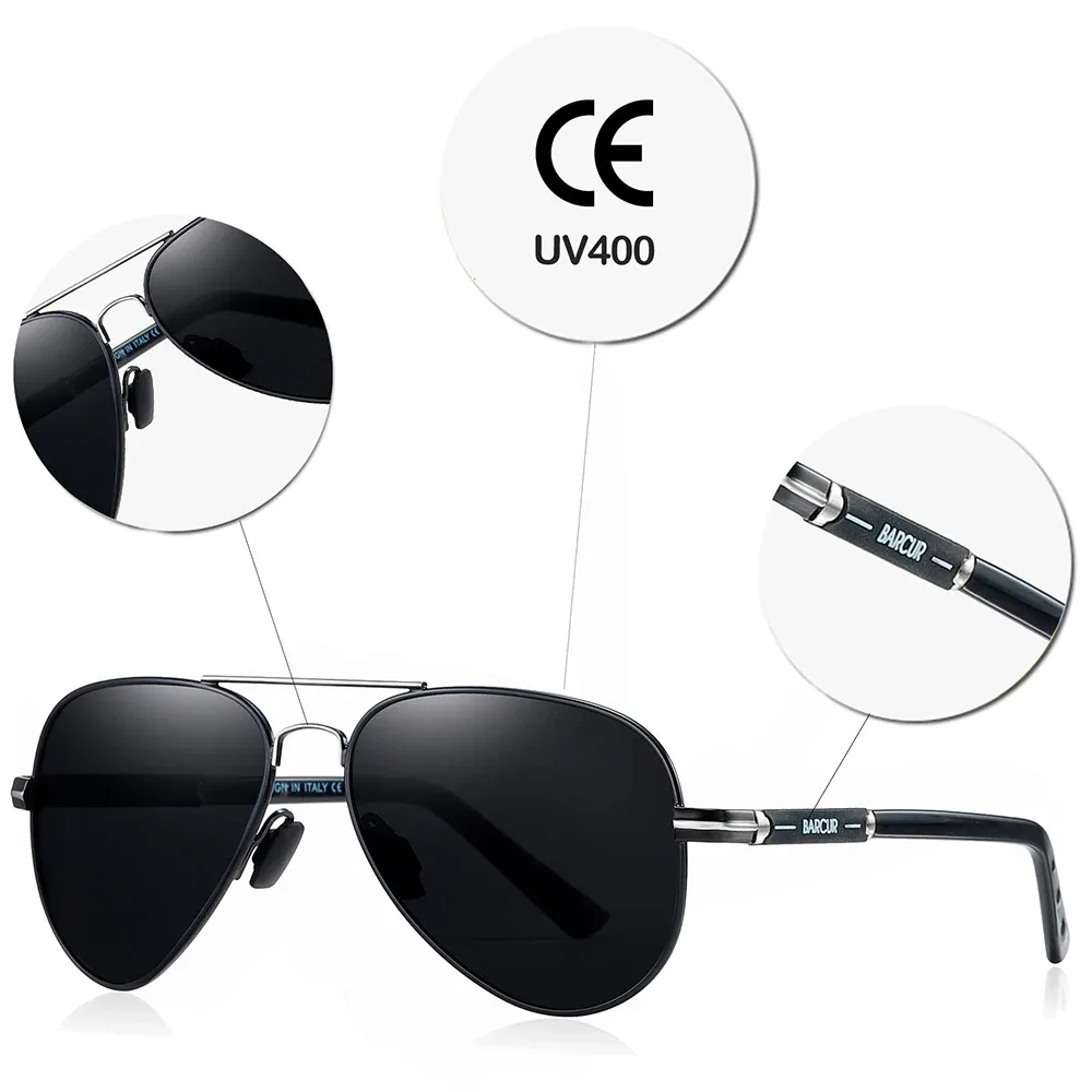 BARCUR - Lunettes de soleil pilotes polarisées pour hommes 6