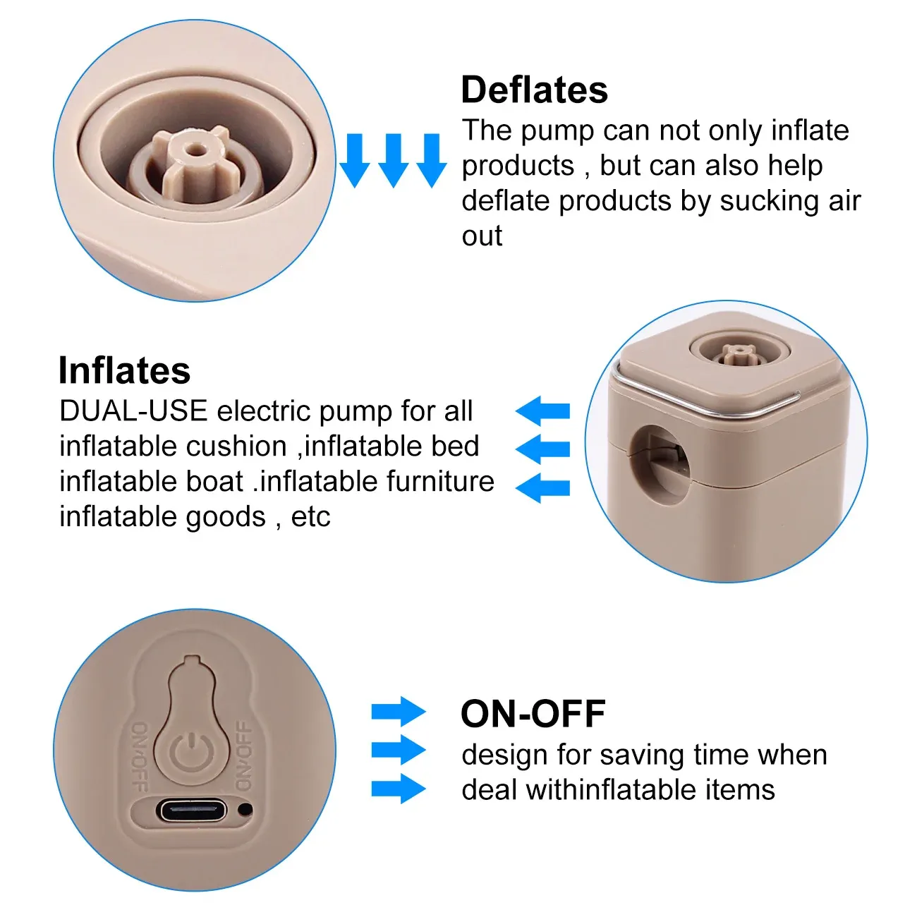 Mini pompe à air électrique portable pour gonflables, rechargeable via USB-C, gonflage et dégonflage rapides pour bouées de piscine et matelas pneumatiques, 1 pièce 4