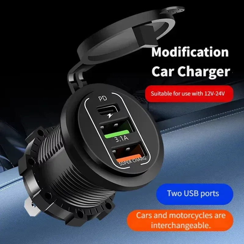 Chargeur de voiture 4 ports USB avec Power Delivery et Quick Charge 3.0, voltmètre intégré, prise allume-cigare 12 V/24 V, étanche pour voiture et bateau 2