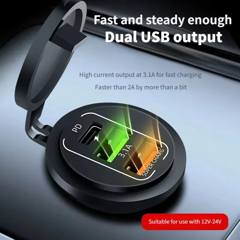Chargeur de voiture 4 ports USB avec Power Delivery et Quick Charge 3.0, voltmètre intégré, prise allume-cigare 12 V/24 V, étanche pour voiture et bateau 3
