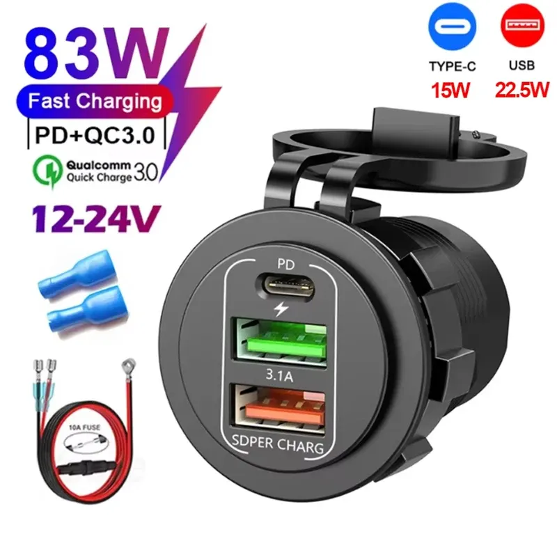 Chargeur de voiture 4 ports USB avec Power Delivery et Quick Charge 3.0, voltmètre intégré, prise allume-cigare 12 V/24 V, étanche pour voiture et bateau