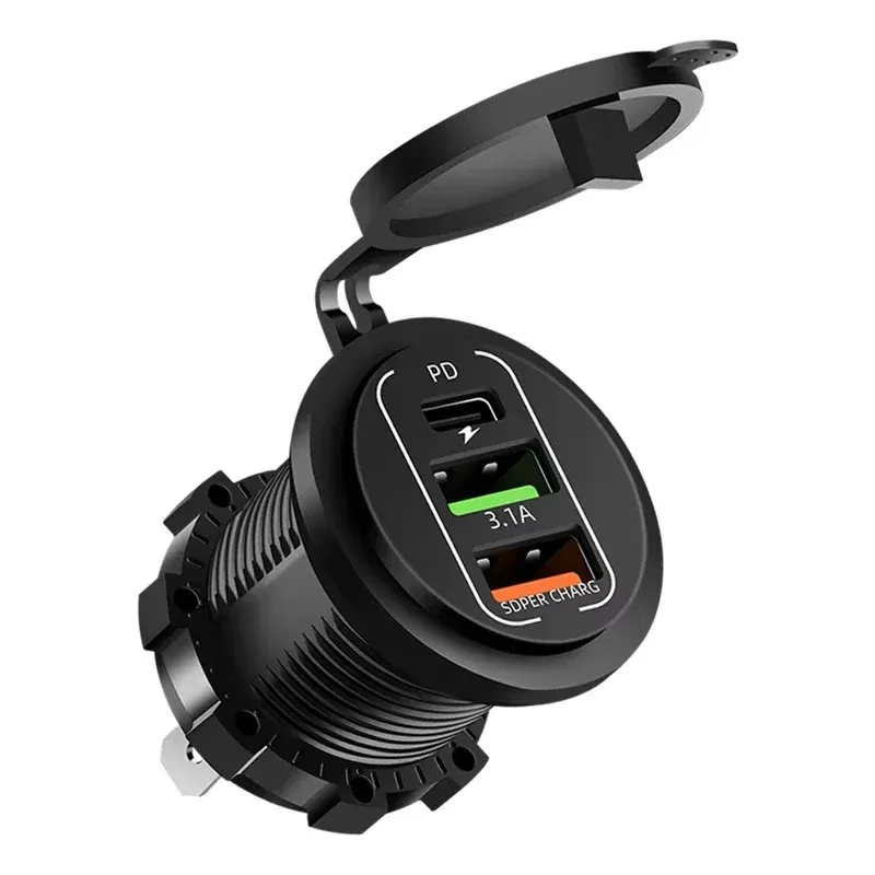Chargeur de voiture 4 ports USB avec Power Delivery et Quick Charge 3.0, voltmètre intégré, prise allume-cigare 12 V/24 V, étanche pour voiture et bateau 6