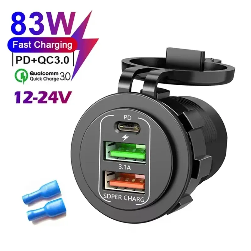 Chargeur de voiture 4 ports USB avec Power Delivery et Quick Charge 3.0, voltmètre intégré, prise allume-cigare 12 V/24 V, étanche pour voiture et bateau 11