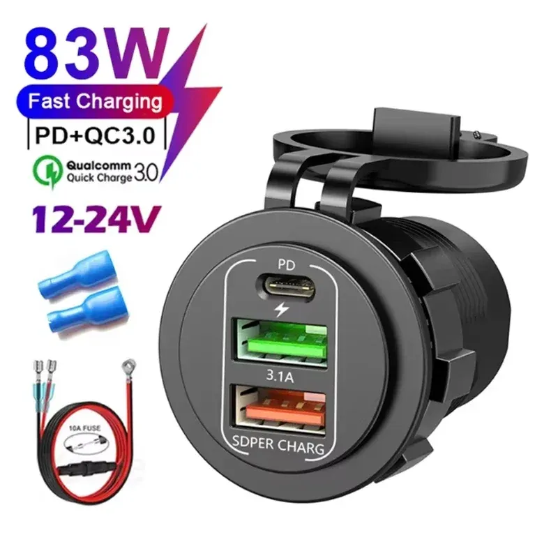 Chargeur de voiture 4 ports USB avec Power Delivery et Quick Charge 3.0, voltmètre intégré, prise allume-cigare 12 V/24 V, étanche pour voiture et bateau 10