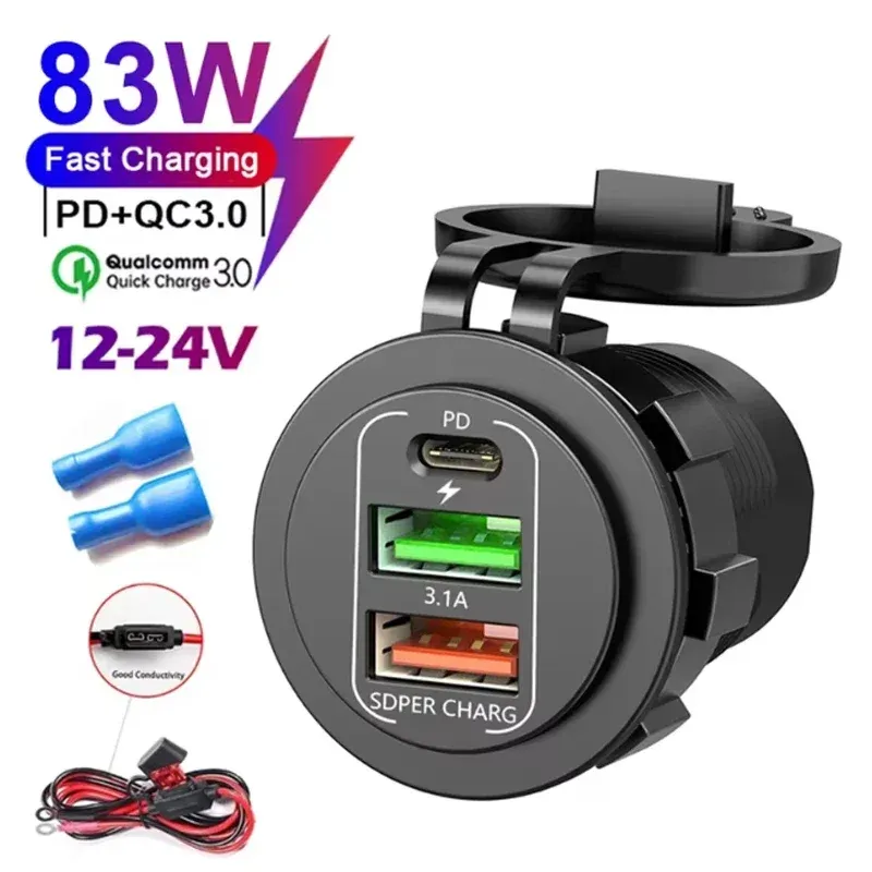 Chargeur de voiture 4 ports USB avec Power Delivery et Quick Charge 3.0, voltmètre intégré, prise allume-cigare 12 V/24 V, étanche pour voiture et bateau 9
