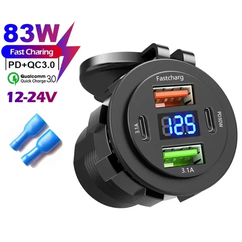 Chargeur de voiture 4 ports USB avec Power Delivery et Quick Charge 3.0, voltmètre intégré, prise allume-cigare 12 V/24 V, étanche pour voiture et bateau 8