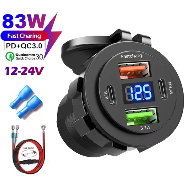 Chargeur de voiture 4 ports USB avec Power Delivery et Quick Charge 3.0, voltmètre intégré, prise allume-cigare 12 V/24 V, étanche pour voiture et bateau 7