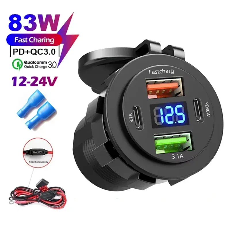 Chargeur de voiture 4 ports USB avec Power Delivery et Quick Charge 3.0, voltmètre intégré, prise allume-cigare 12 V/24 V, étanche pour voiture et bateau 15