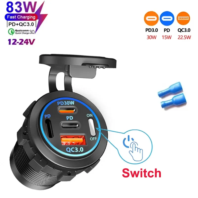 Chargeur de voiture 4 ports USB avec Power Delivery et Quick Charge 3.0, voltmètre intégré, prise allume-cigare 12 V/24 V, étanche pour voiture et bateau 14