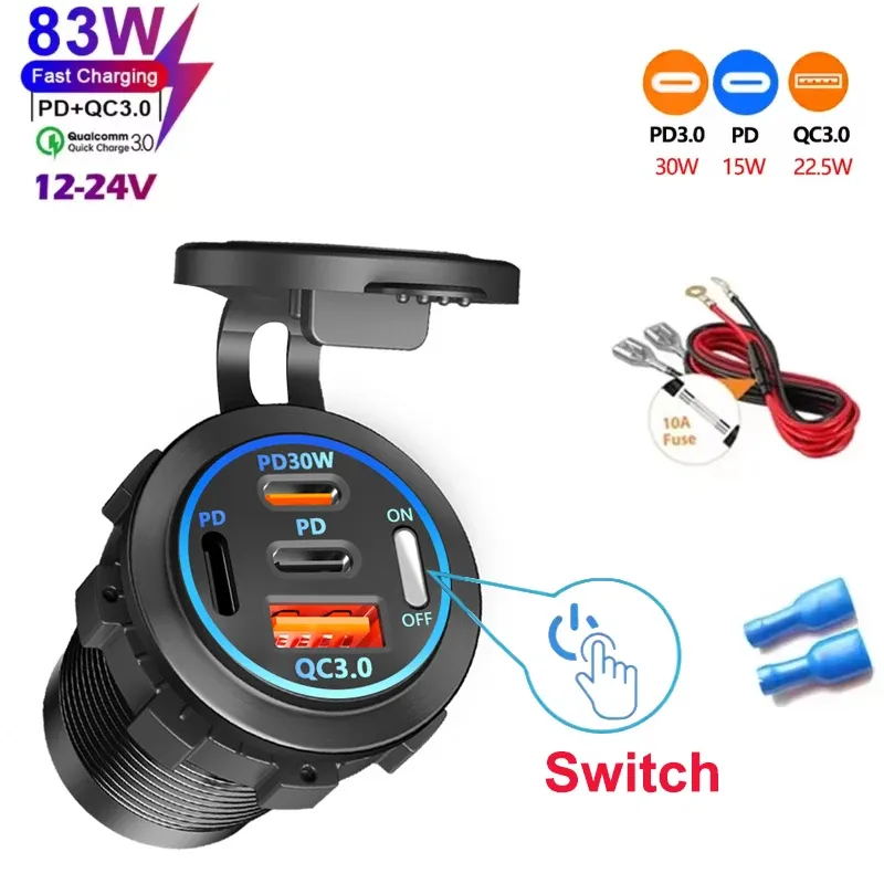 Chargeur de voiture 4 ports USB avec Power Delivery et Quick Charge 3.0, voltmètre intégré, prise allume-cigare 12 V/24 V, étanche pour voiture et bateau 13