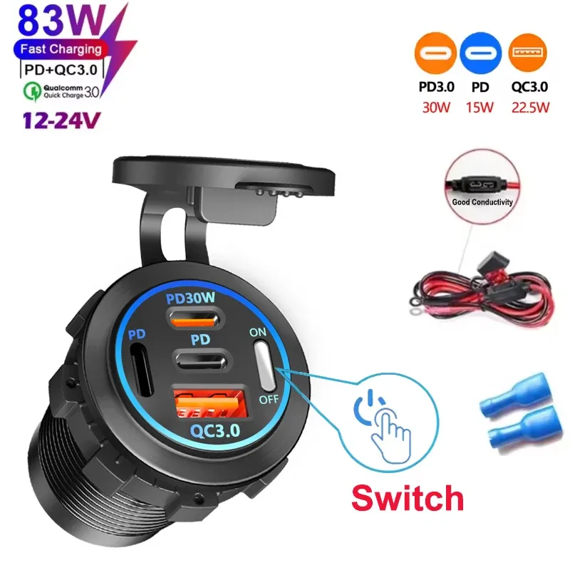 Chargeur de voiture 4 ports USB avec Power Delivery et Quick Charge 3.0, voltmètre intégré, prise allume-cigare 12 V/24 V, étanche pour voiture et bateau 12