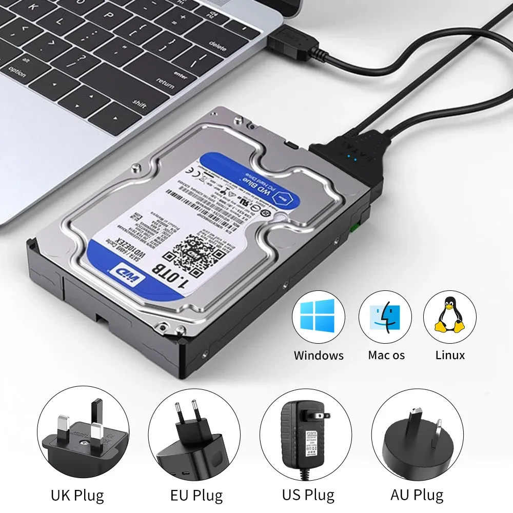 Adaptateur USB 3.0 vers SATA / Type-C SMiCable pour disques durs 2,5 et 3,5 pouces avec alimentation 12 V 3