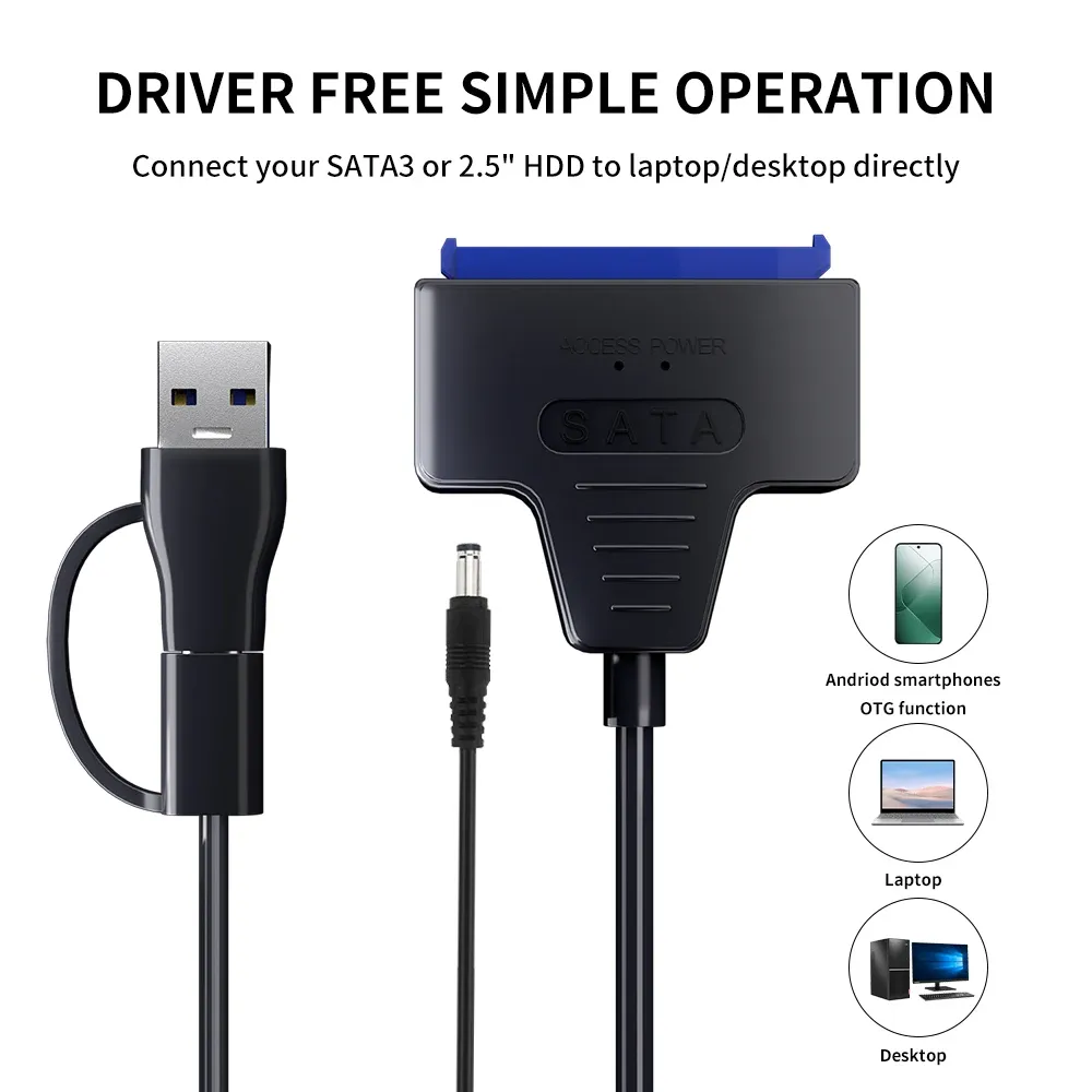 Adaptateur USB 3.0 vers SATA / Type-C SMiCable pour disques durs 2,5 et 3,5 pouces avec alimentation 12 V 2