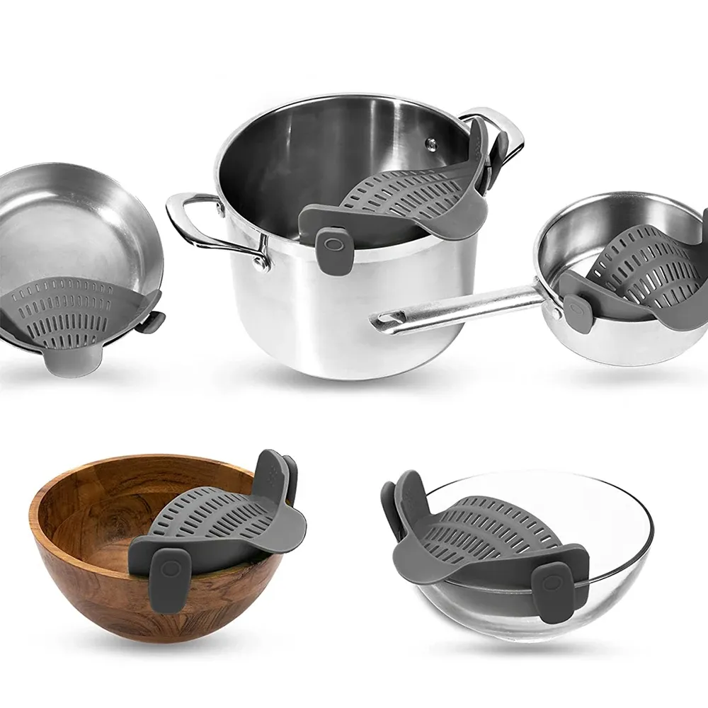 Passoire de cuisine en silicone à clip pour casseroles et poêles, égouttoir pour pâtes, nouilles, légumes et fruits 2