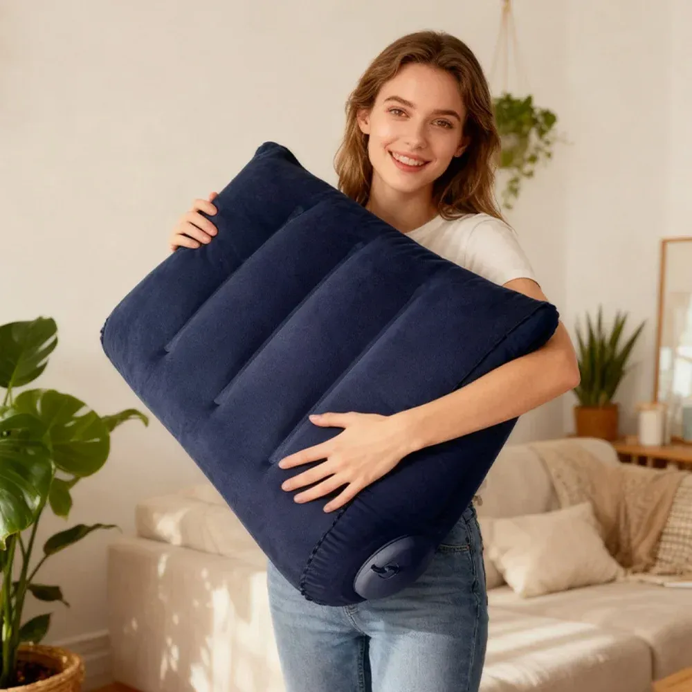 Oreiller de voyage gonflable triangulaire, soutien lombaire et cervical, repose-pieds en velours épaissi 2