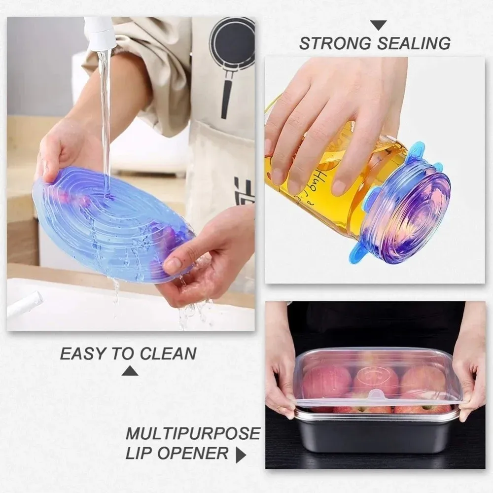Lot de 6 couvercles carrés extensibles en silicone, réutilisables 3