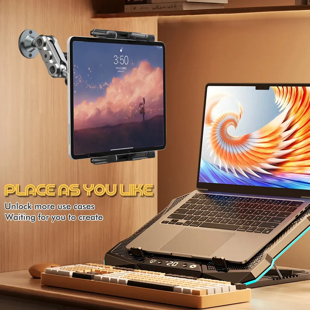 Support de téléphone de voiture en aluminium, base robuste pour tableau de bord, support de tablette 360°, réglable en 2 étapes pour iPad 5 à 15 pouces 3