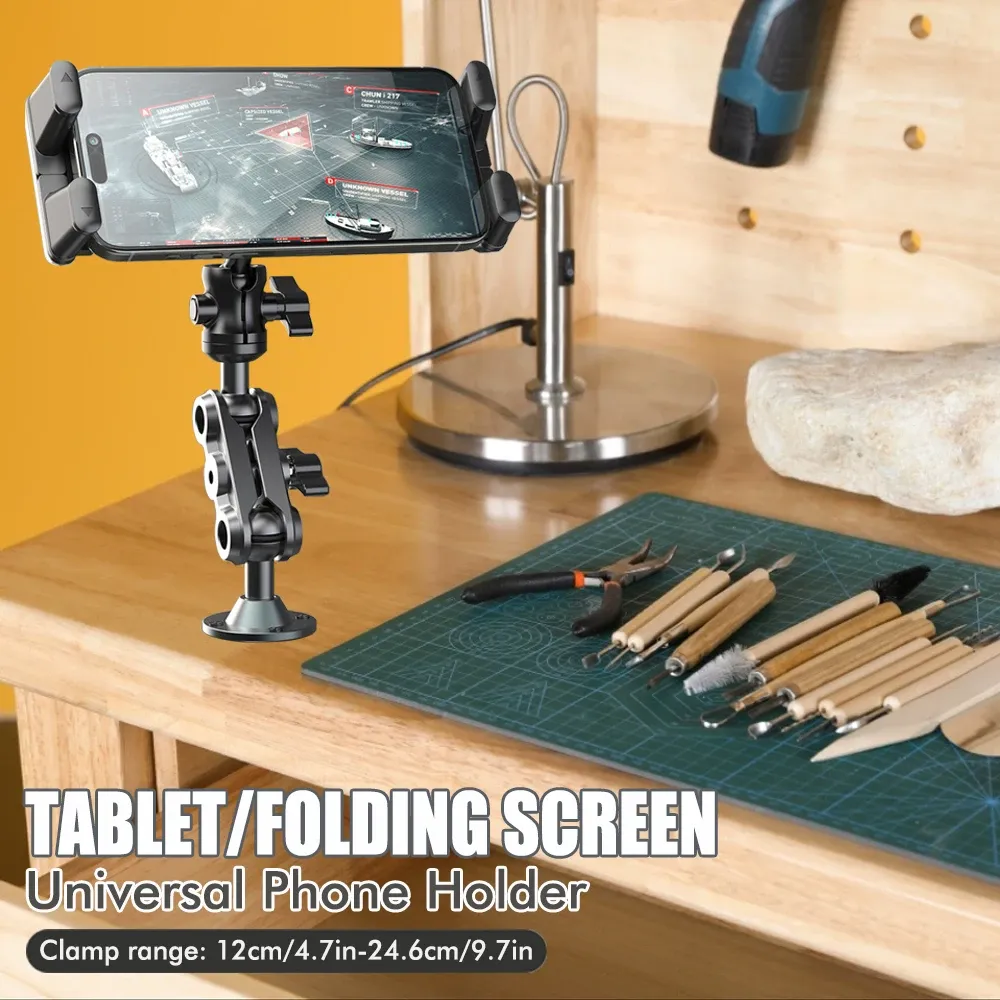 Support de téléphone de voiture en aluminium, base robuste pour tableau de bord, support de tablette 360°, réglable en 2 étapes pour iPad 5 à 15 pouces 2