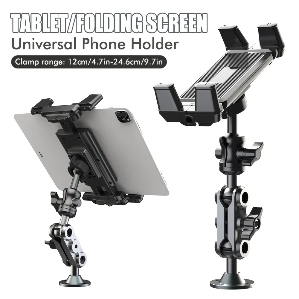 Support de téléphone de voiture en aluminium, base robuste pour tableau de bord, support de tablette 360°, réglable en 2 étapes pour iPad 5 à 15 pouces - Image 1