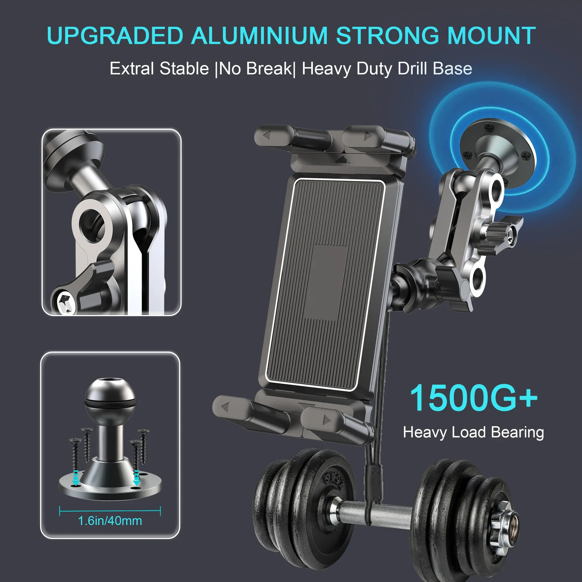 Support de téléphone de voiture en aluminium, base robuste pour tableau de bord, support de tablette 360°, réglable en 2 étapes pour iPad 5 à 15 pouces 4