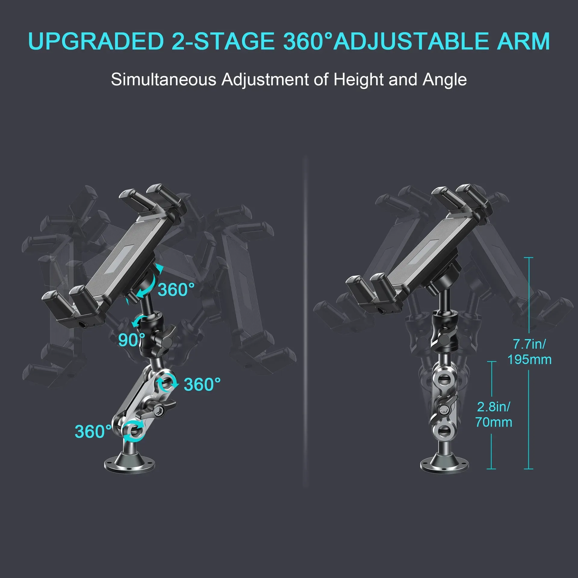 Support de téléphone de voiture en aluminium, base robuste pour tableau de bord, support de tablette 360°, réglable en 2 étapes pour iPad 5 à 15 pouces 6