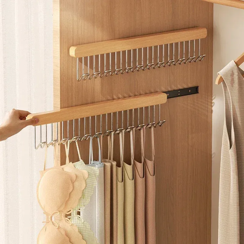 Cintre rétractable en bois pour vêtements, range-soutien-gorge multifonctionnel mural pour garde-robe, 8/12 crochets - Image 1